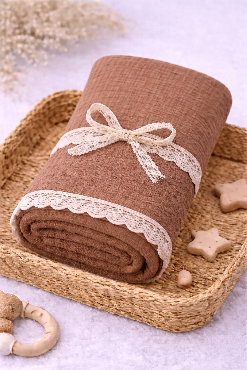 Pieluszka muslinowa z koronka brown