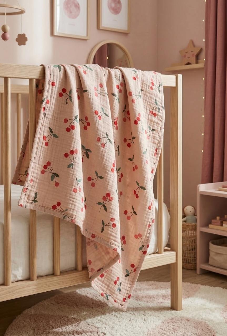 Dwustronny kocyk muślinowy z nadrukiem cherry, produkt premium