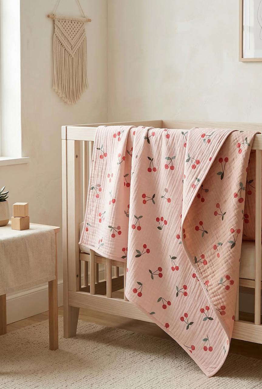 Dwustronny kocyk muślinowy z nadrukiem cherry, produkt premium